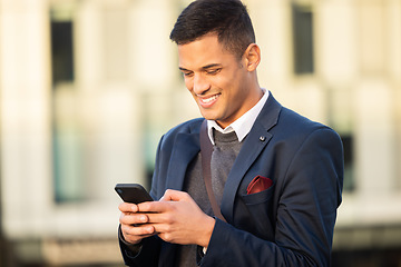 Image showing Happy, communication or business woman with phone for website research, search or networking. Tech, online or professional in city on 5g smartphone for social network, review or media app content