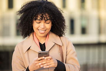 Image showing Black woman, travel or search with phone in city for internet research, communication or networking. Tech, girl or professional in street on 5g smartphone for social network, blog review or media app