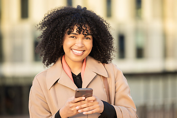 Image showing Search, happy portrait or black woman with phone for internet research, communication or networking. Tech, city or girl in street on 5g smartphone for social network, blog review or media app content