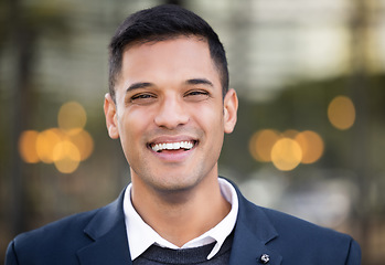 Image showing Businessman, happy portrait and outdoor city for leader success, corporate management or happiness vision. Male, smile face and manager positive mindset energy, achievement or confident in New York