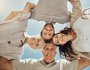 Image showing Happy family, portrait huddle and relax outdoor for travel holiday, summer vacation or comic support. Love, calm peace and happiness face together with blue sky background for sunshine adventure