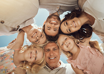 Image showing Circle, love and portrait of a happy big family on a summer holiday, adventure or weekend trip. Grandparents, parents and children with love, happiness and bonding while on a vacation in Australia.