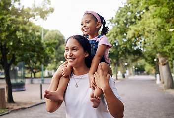 Image showing Back, mother with girl and on neck, happiness, summer break and walking in park for bonding, weekend or quality time for fun. Mom, mama carry female child or playful together, smile or loving outdoor