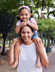 Image showing Family, mom and kid in portrait, outdoor in park and fun day in nature with love, care and happy people together. Girl on woman shoulders, happiness and bonding with adventure and content with smile