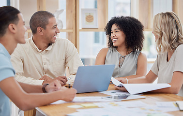 Image showing Teamwork discussion, laptop and planning strategy, sales research or brainstorming ideas with document in office. Happy team, corporate employees and meeting conversation together for startup reports