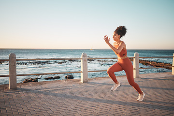 Image showing Fitness, focus and woman running by the beach for training, cardio and exercise in Thailand. Mockup, sports and latino athlete runner on the promenade for a workout, start of a race or marathon