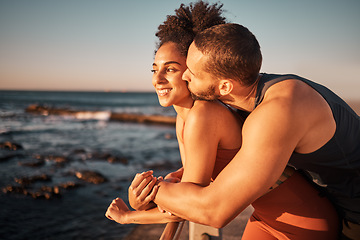 Image showing Couple hug and kiss at beach with sunset, outdoor with love and care in nature, exercise with sea view mockup. Black woman, man and relationship commitment, fitness together and happy content people