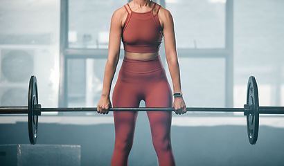 Image showing Gym body, barbell exercise and woman doing muscle fitness performance for health, strength training or bodybuilding. Strong arm workout, athlete wellness lifestyle and bodybuilder girl weightlifting