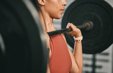 Image showing Gym fitness, barbell workout and black woman doing muscle performance exercise, strength training or bodybuilding. Strong girl, body health or bodybuilder weightlifting for athlete wellness lifestyle
