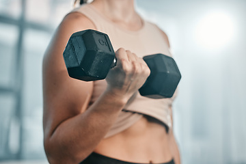 Image showing Gym, dumbbell exercise and woman hands doing muscle fitness performance for body health, strength training or bodybuilding. Arm workout, athlete wellness lifestyle or strong bodybuilder weightlifting