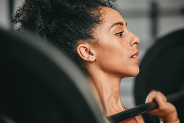 Image showing Gym face, barbell workout and black woman doing muscle fitness performance, strength training or bodybuilding. Exercise, strong body health or bodybuilder weightlifting for athlete wellness lifestyle