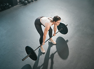 Image showing Gym exercise, barbell deadlift and woman doing muscle fitness performance, workout or body building. Strong girl, health lifestyle and top view of strength training athlete, person or bodybuilder