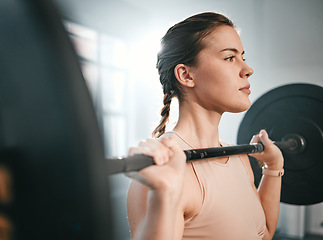 Image showing Gym exercise, barbell workout or woman doing muscle fitness performance, strength training or bodybuilding. Strong girl, health lifestyle and powerlifting athlete, person or bodybuilder weightlifting