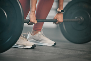 Image showing Gym, barbell exercise and woman hands doing muscle fitness performance for body health, strength training or bodybuilding. Arm workout, athlete wellness lifestyle and strong bodybuilder weightlifting