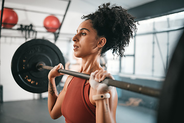 Image showing Gym exercise, barbell workout or black woman doing muscle strength training, fitness or bodybuilding. Strong girl, health lifestyle or powerlifting sports athlete, person or bodybuilder weightlifting