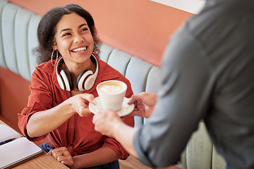 Image showing Black woman, customer and smile for coffee from waiter at cafe for happy service, thank you or caffeine. African American female remote worker smiling for cup of warm beverage at shop or restaurant