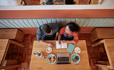 Image showing Top, writing and people in partnership at cafe for startup, planning and brainstorming. Coffee shop, owners and man with woman talking, vision and small business, creative and from above