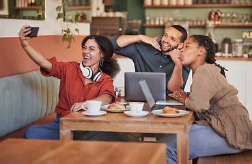 Image showing Relax, happy and selfie with friends in coffee shop for lunch break, social media and food blog. Remote work, internet and diversity with group of people in cafe for live streaming, comedy or reunion