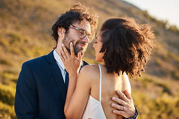 Image showing Love, happy and wedding with couple in nature for celebration, happiness and romance. Sunset, hug and affectionate with man and woman in embrace at countryside for ceremony, marriage and smile