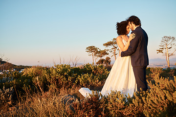 Image showing Intimate, wedding couple and hug in nature with mock up of marriage celebration in Africa outdoor. Commitment, save the date and love with bride, man and calm embrace with blue sky together in union