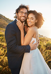 Image showing Portrait, interracial and bride with groom for wedding at sunset in nature, hug and celebrate love and relationship. Face, couple and marriage by black woman and man smile, hug and happy