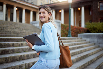 Image showing Woman, student portrait on university stairs and campus education with learning and academic goals with scholarship outdoor. Laptop, study and happy person with success, college life and studying