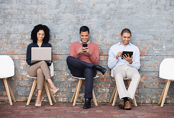 Image showing Tech, happy or startup people for recruitment in digital agency lobby, HR or hiring team. Teamwork, research or collaboration for job interview in cyber, programmer or hacker in company waiting room