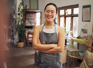 Image showing Pottery, art class and business woman portrait for creative workshop vision, growth and pride. Asian artist with happy arms crossed for confidence in retail industry, trade or production process