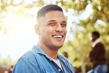 Image showing University, student portrait and man at park in campus ready for learning goals, studying targets or knowledge. Face, scholarship development and happy young male in college with success mindset.