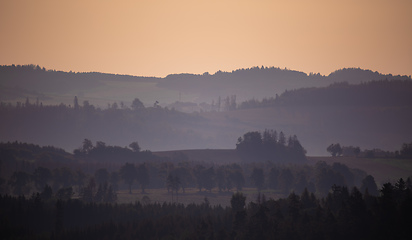 Image showing Fall foggy and misty sunrise landscape