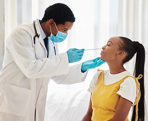 Image showing Doctor, patient or covid swab test in hospital checkup, clinic wellness or bacteria virus control. Black woman, cotton or nose with healthcare worker in disease sample, medical research or compliance