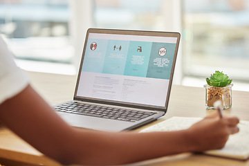 Image showing Covid 19, screen and hands reading infographics, safety information and research on clinic website risk management. Person with compliance, healthcare and corona virus tips on laptop or computer app