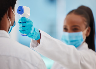 Image showing Doctor, patient and Covid 19, healthcare and thermometer for temperature check zoom and black people in medicine. Face mask, Corona and virus prevention, man and woman in clinic for medical screening