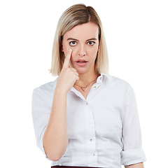 Image showing Portrait, eye and serious with a business woman in studio isolated on a white background showing her eyeball. Face, vision and pointing with a female employee making a rude gesture on blank space