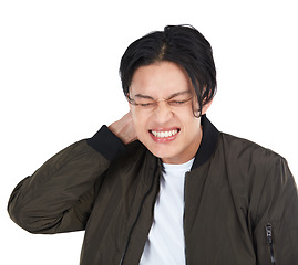 Image showing My neck. Neck pain, stress and man with muscle strain in isolated in against a studio white background. Injury, crisis and frustrated young male hurt by burnout, fatigue and pressure.