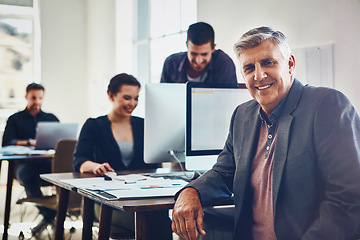 Image showing Senior, portrait and business man in office or company workplace. Leadership, ceo and happy elderly male employee working on marketing report, advertising or sales project with coworkers in company.