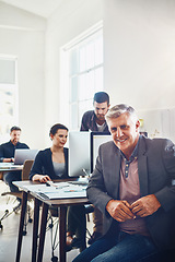 Image showing Business, senior and portrait of man in office or company workplace. Leadership, ceo or happy elderly male employee or manager with coworkers working on marketing report, advertising or sales project