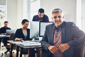 Image showing Senior, portrait and business man in office or company workplace. Leadership, ceo and happy elderly male employee or manager with colleagues working on marketing report, advertising or sales project.