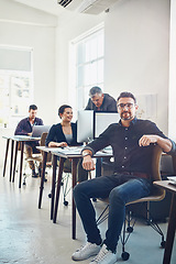 Image showing Teamwork, portrait and business man in office workplace ready for targets or goals. Leadership, ceo or mature male employee or manger with coworkers working on marketing, advertising or sales project