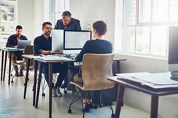 Image showing Training, coaching and business people with computer in office. Teamwork, leadership and collaboration of employees and mature men on pc working on advertising, marketing or sales project in company