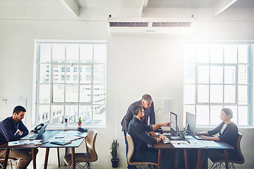 Image showing Coaching, training and business people on computer pointing in office. Teamwork, collaboration and mature manager on pc helping coworker with advertising proposal, marketing report or sales project.