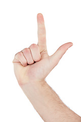 Image showing Teacher, hand or counting fingers on isolated white background in mathematic solution, problem solving or education addition. Zoom, model or man gesture in countdown, timer or emoji on studio mockup