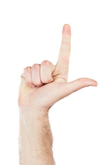 Image showing Teacher, hand or counting fingers in mathematic solution, problem solving or education addition on isolated white background. Zoom, model or man gesture in countdown, timer or emoji on studio mockup