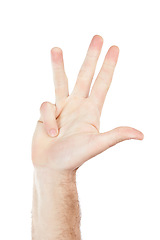 Image showing Man, hand and closeup on number four in n studio for countdown, gesture or signal on white background. Hand, guy and communication with fingers for counting, signing or sign language while isolated