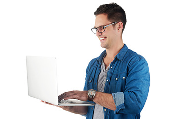 Image showing Studio, laptop and business man with glasses reading news, online website or social media isolated on white background. Digital technology, software and email marketing of employee, worker or user