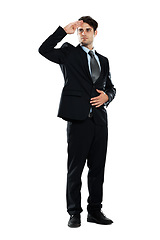 Image showing Salute, leadership and business man on a white background for management, vision and agreement. Corporate worker, success and isolated male model with hand gesture, military signal and sign in studio