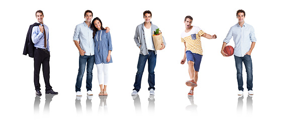 Image showing Collage, different and portrait of a man with activities isolated on a white background in studio. Routine, tasks and montage of a guy at work, with wife and shopping while playing sports on backdrop