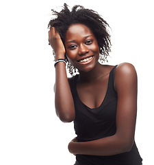 Image showing Portrait, beauty and black woman with natural hair in studio for hair treatment against white background. Face, girl and haircare for positive African girl with curly, texture and afro while isolated