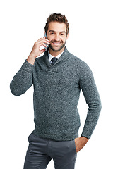 Image showing Phone call, portrait or business man happy for loan review, finance or invest for success. Smile, communication or manager on smartphone for networking, b2b network or planning in white background