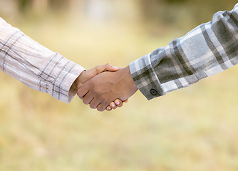 Image showing Handshake, thank you and shaking hands outdoor of agriculture b2b partnership with teamwork. Welcome, hiring and networking deal hand sign of people in nature with blurred background and trust